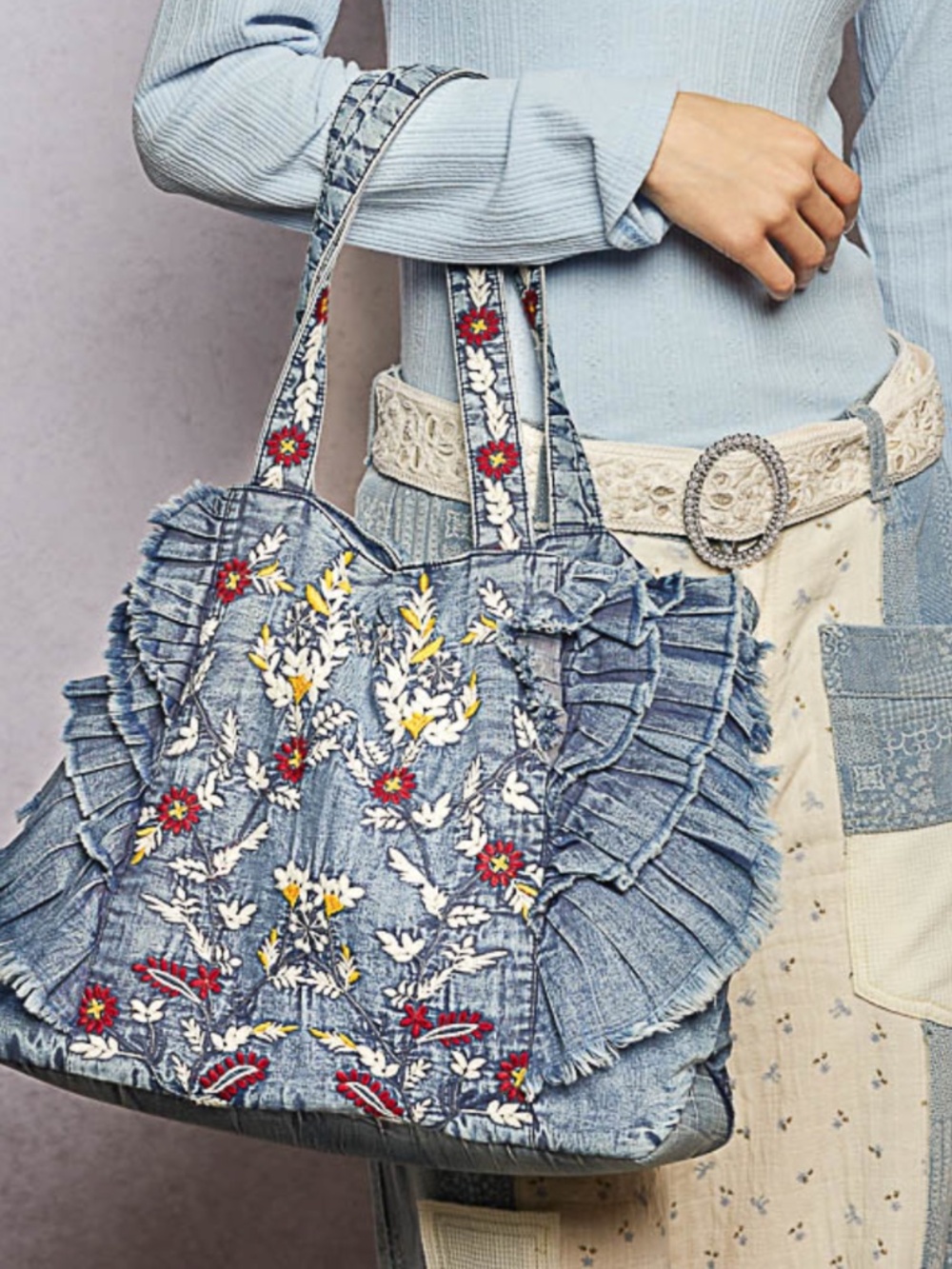 POL Light Wash floral Embroidered Ruffle Detail Tote Bag